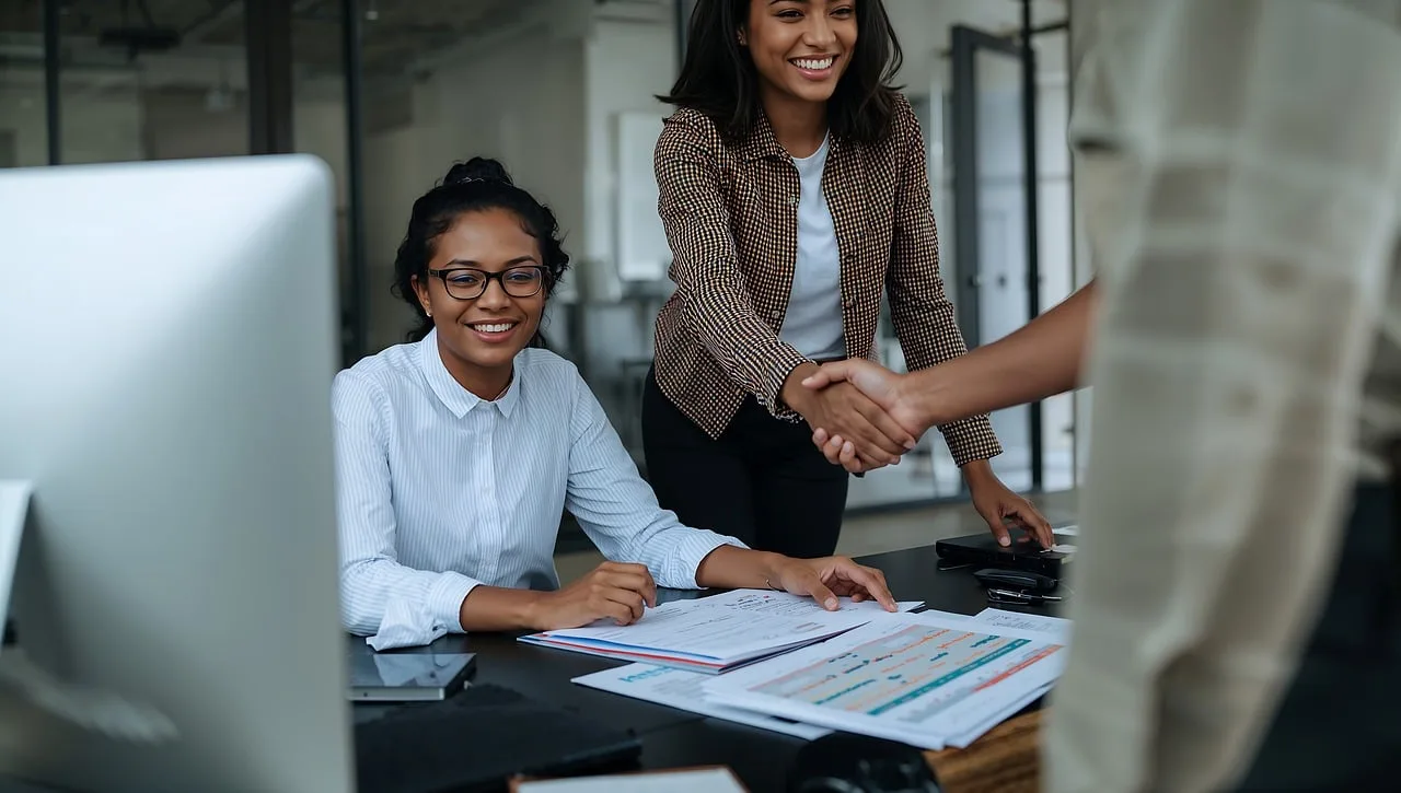 business, office, collaboration, teamwork, meeting, handshake, agreement, success, professional, women, diversity, inclusion, corporate, workplace, partnership, deal, negotiation, strategy, planning, analysis, documents, computer, desk, modern, ai generated. Goals and objectives: six fictional composites, each showing one objective change