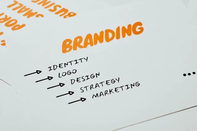 Close-up of a paper with branding, identity, design, strategy, and marketing concepts in orange and black. Marketing strategy explained for business teams in 2027