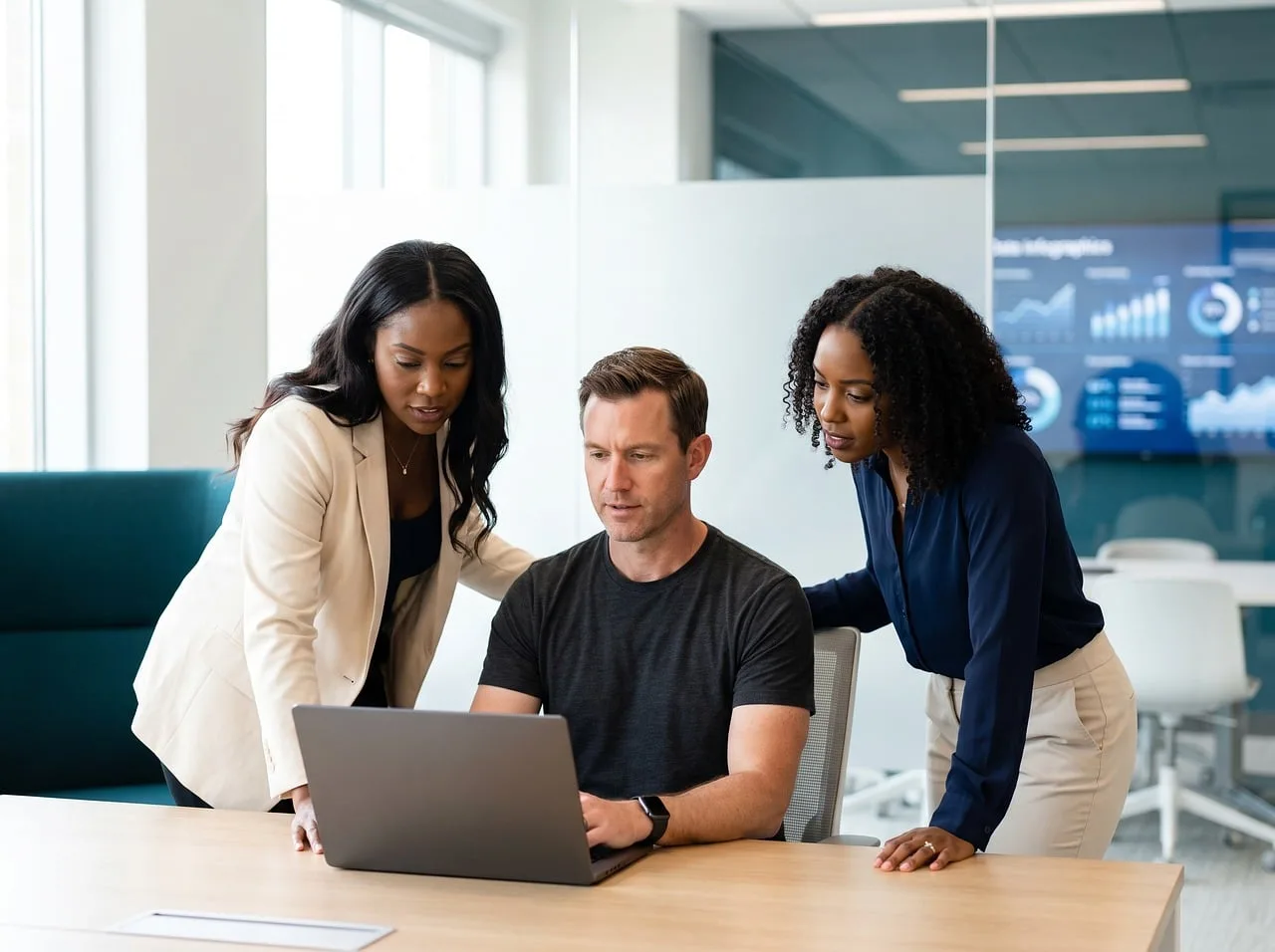 collaboration, teamwork, professionals, diversity, office, workplace, laptop, technology, company, meeting, data, analysis, discussion, business, modern, focused, strategy, project, communication, colleagues. Marketing strategy benchmarks: how to vet an outside survey